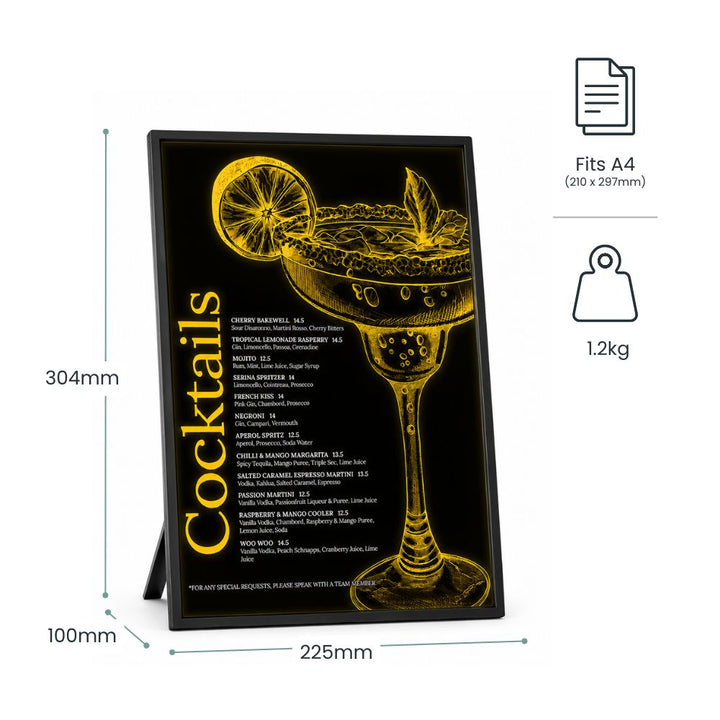A4 LED countertop menu display board featuring illuminated cocktail menu artwork, black frame design, dimensions shown and weighing 1.2kg.