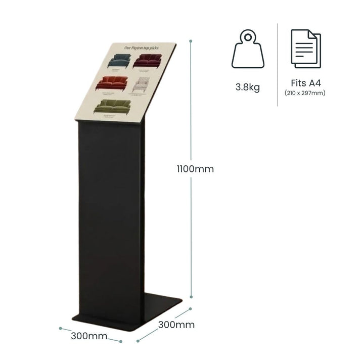 Measurement diagram for the frameless A4 poster stand showing 1100mm overall height, 3.8kg total weight and capacity for 210 x 297mm sheets.
