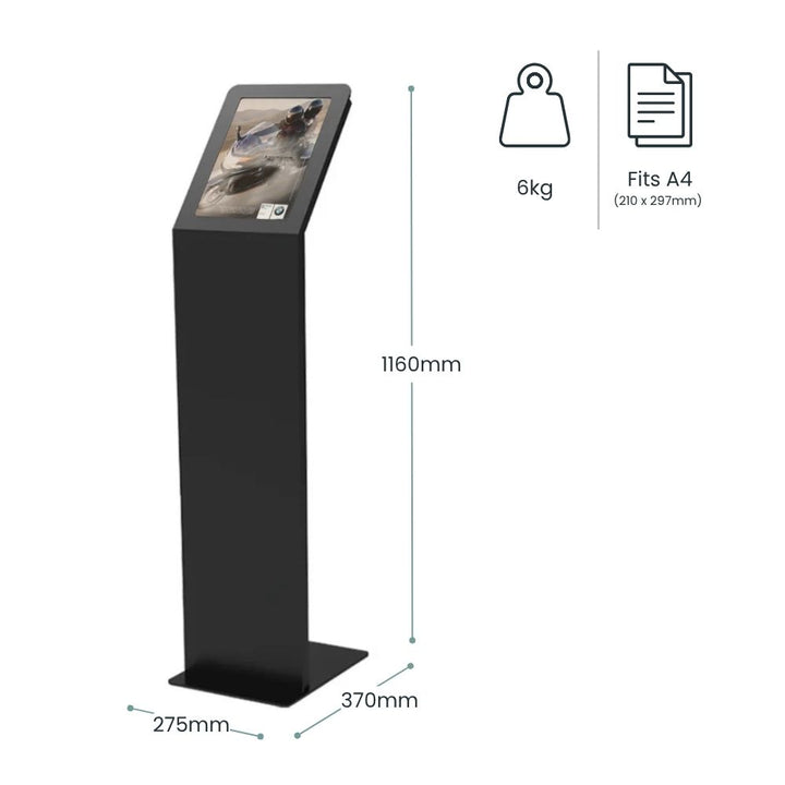 Measured drawing of a black A4 poster stand standing 1160mm tall on a 275 by 370mm base plate, weighing 6kg and taking one A4 portrait sheet.
