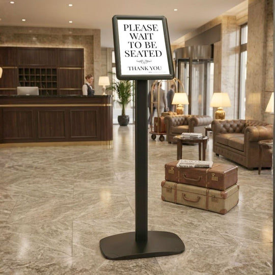 Black A4 Snap Frame Floor Standing Poster Display Stand 25mm Frame with Adjustable Orientation and Rounded Corners - 1050mm High x 330mm Wide