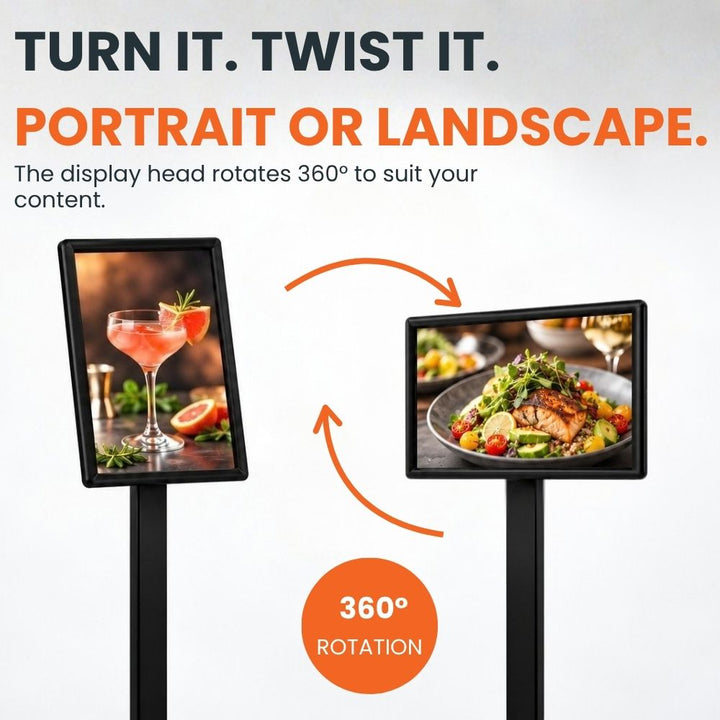 A4 poster stand illustrated in portrait and landscape positions to demonstrate the frame’s full 360-degree rotation.