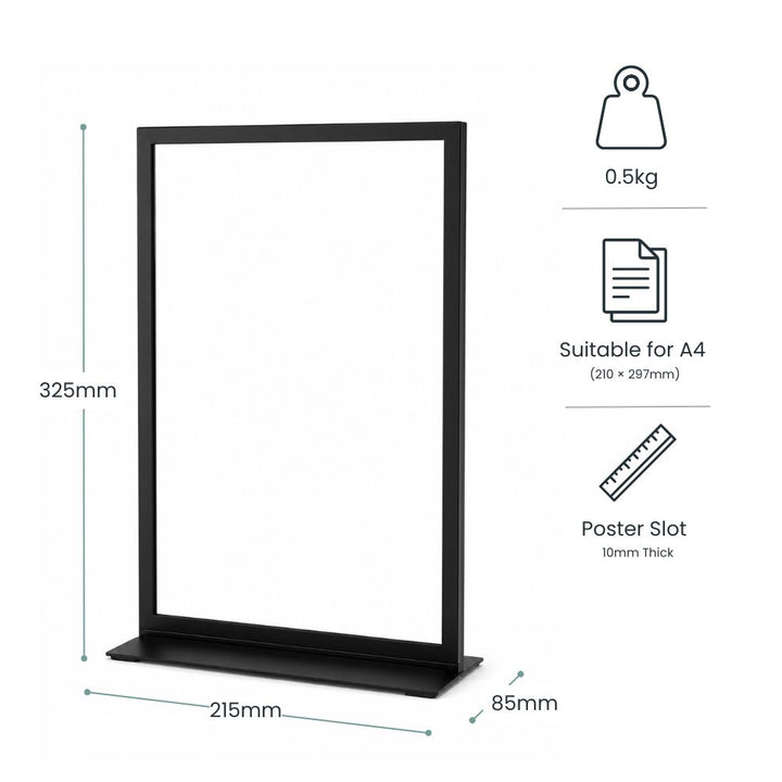 Technical dimensions and specifications for a black A4 tabletop poster holder with 10mm poster slot and weighted base.