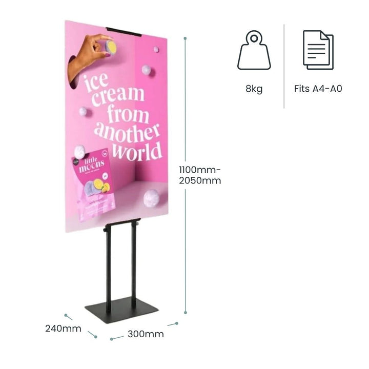 black-adjustable-floor-standing-poster-display-stand-fitting-a4-to-a0-posters-1100mm-to-2050mm-height-300mm-base-width-240mm-depth-8kg-weight