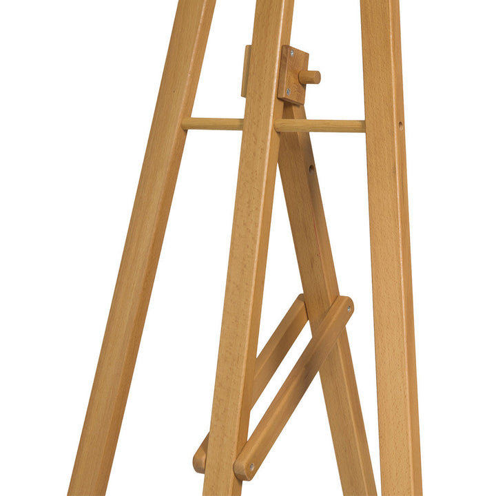 Versatile adjustable easel in light lacquered pinewood, 1650mm x 740mm, ideal for artists, exhibitions, and retail displays.
