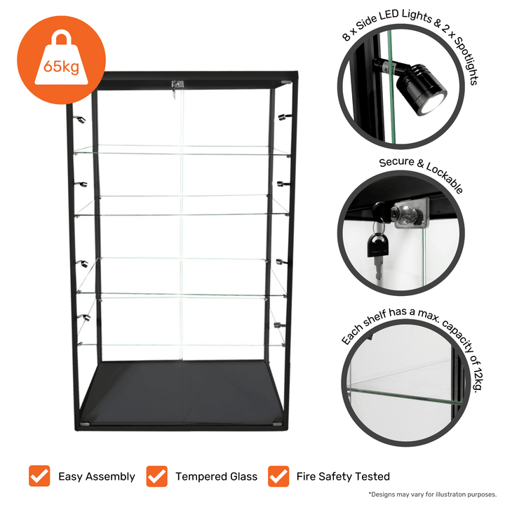 Tall black showcase cabinet – 800mm wide glass display with LED lighting and adjustable shelves for merchandising