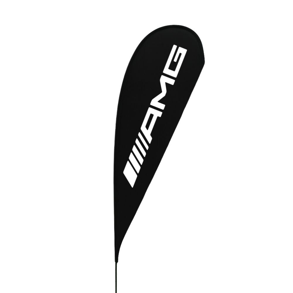Glass fibre teardrop flag 5 metres – custom printed display with ground spike base for outdoor shows or retail signage  