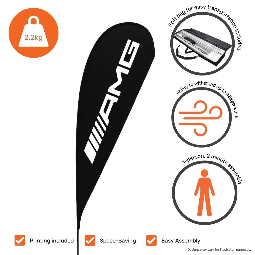 Custom 5m teardrop banner – single-sided outdoor flag with spike base for exhibitions, roadside marketing or events  