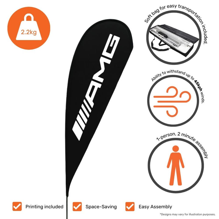 Custom 5m teardrop banner – single-sided outdoor flag with spike base for exhibitions, roadside marketing or events  