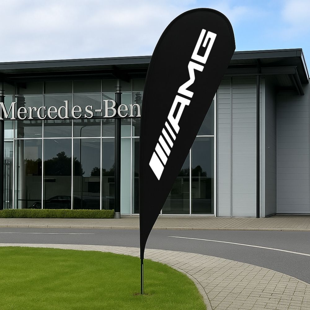 5m teardrop flag with ground spike – single-sided printed banner for exhibitions, events, forecourts and promotional use  