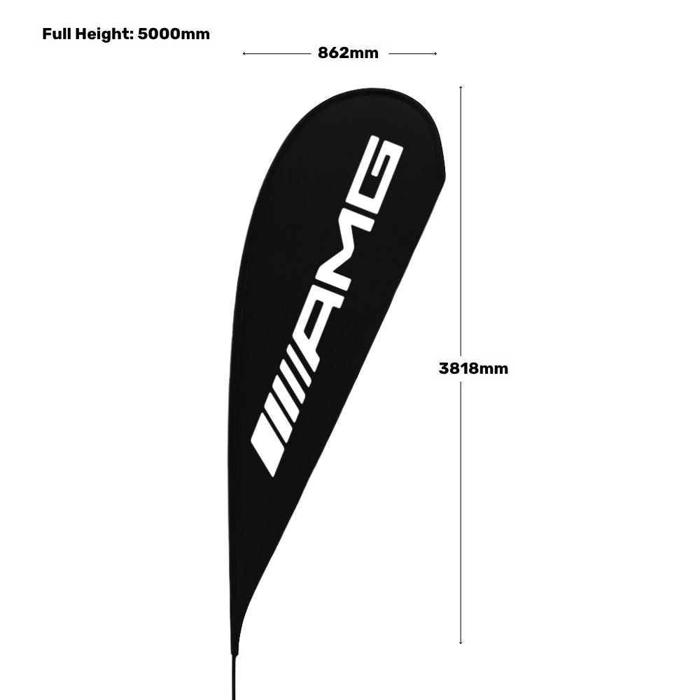 Outdoor 5m teardrop flag – printed promotional display with spike base for high-traffic forecourt and event signage  