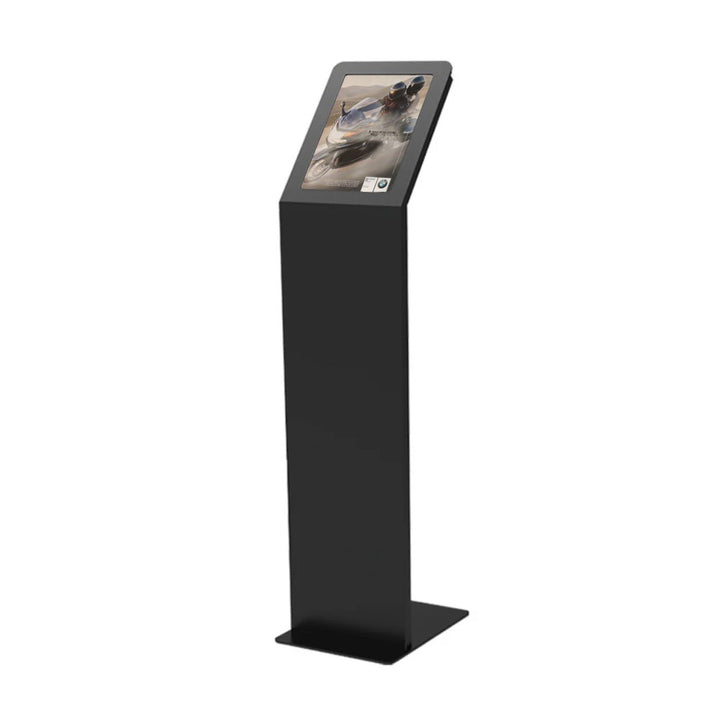 Angled reading head on a black A4 poster stand, holding a single portrait sheet at 45 degrees for spec and price display in a car showroom.
