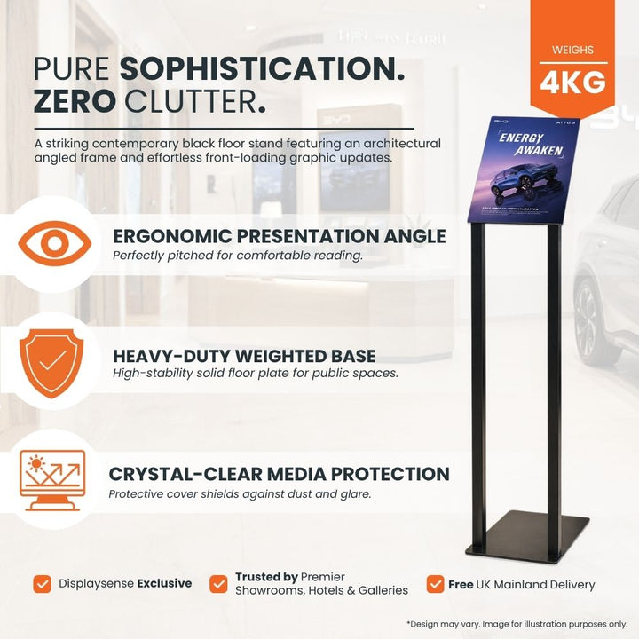 Product marketing graphic for an angled freestanding poster display stand with a contemporary black floor-standing frame, 4 kg weighted base, ergonomic presentation angle and crystal-clear protective cover for printed graphics in showrooms, hotels, galleries and other premium public spaces.