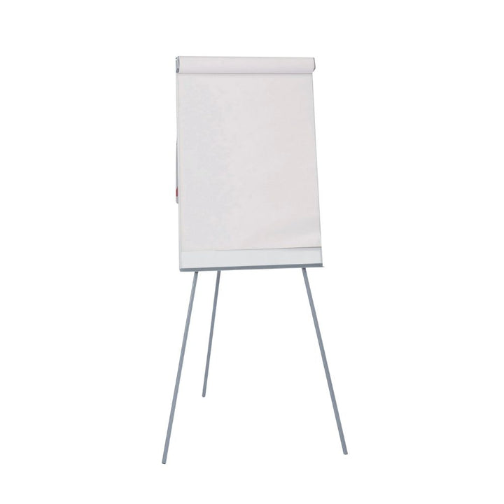 Angled side view of tripod flipchart easel with pad holder and dry wipe surface

