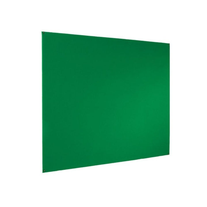 Simple green felt pinboard photographed from an angle, featuring a bold surface with visible corner screw fixings and a clean white background.

