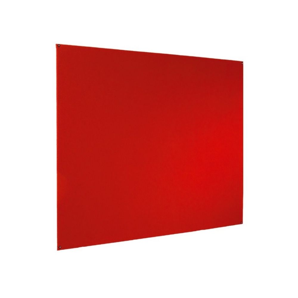 Simple red felt pinboard photographed from an angle, with visible corner fixings and a smooth, bold surface on a white background.

