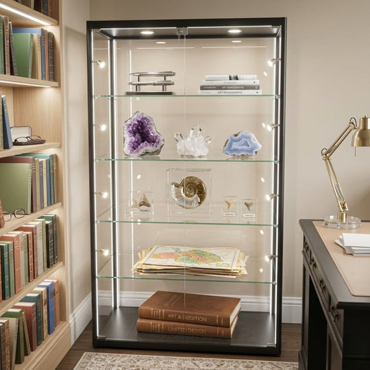 Black Aluminium Glass Display Cabinet Lockable with 4 Adjustable Shelves & 10 LED Lights 1800mm High x 1200mm Wide