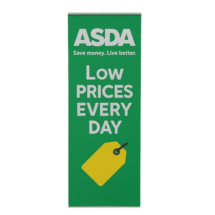 Portable ASDA advertising banner with green and yellow sale tag graphic, ideal for promotional in-store display messaging.

