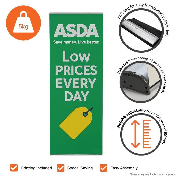 ASDA printed roller banner highlighting low prices every day, displayed with space-saving and easy assembly features for retail use.

