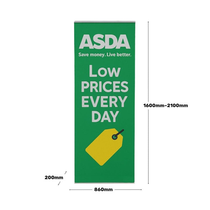 Green ASDA roller banner with "Low Prices Every Day" design, showing size specifications and adjustable height from 1600mm to 2100mm.

