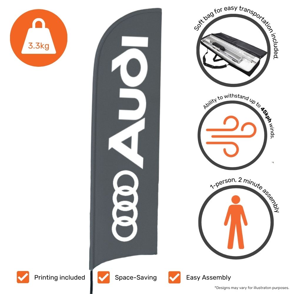 Single-sided 2.3m feather flag – includes printed graphic and car base mount for promotional forecourt displays