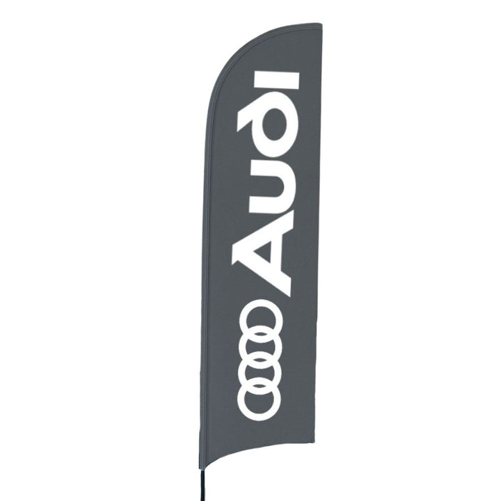 Glass fibre feather flag – 2.3m tall display with custom print and car base, ideal for automotive or retail forecourts