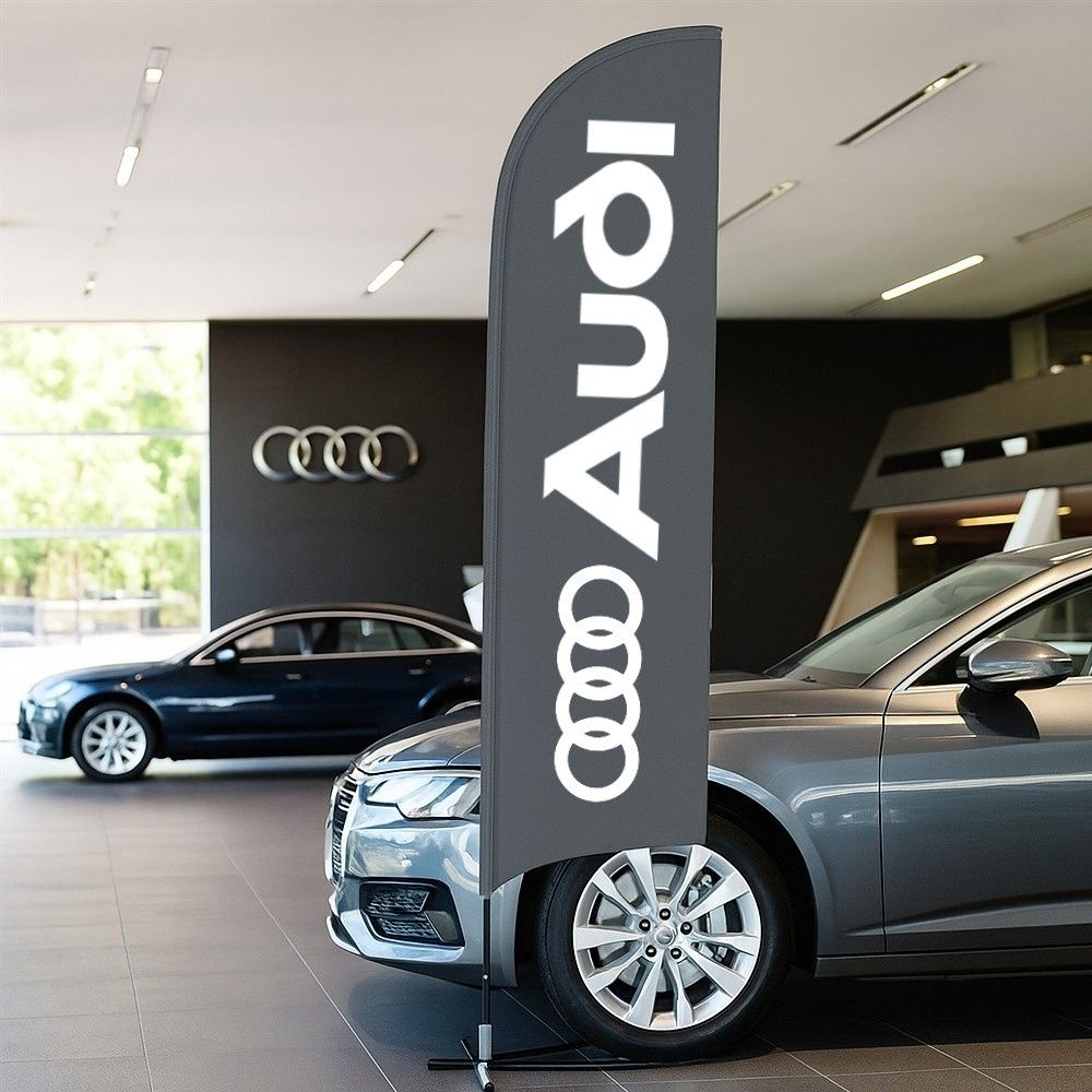 2.3m feather flag with drive-on car base – printed single-sided banner for forecourts, trade events or roadside branding