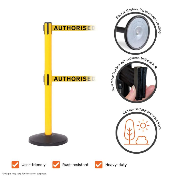 Yellow retractable barrier with “Authorised Access Only” belts displaying product features such as belt lock, floor protection, and heavy-duty design.