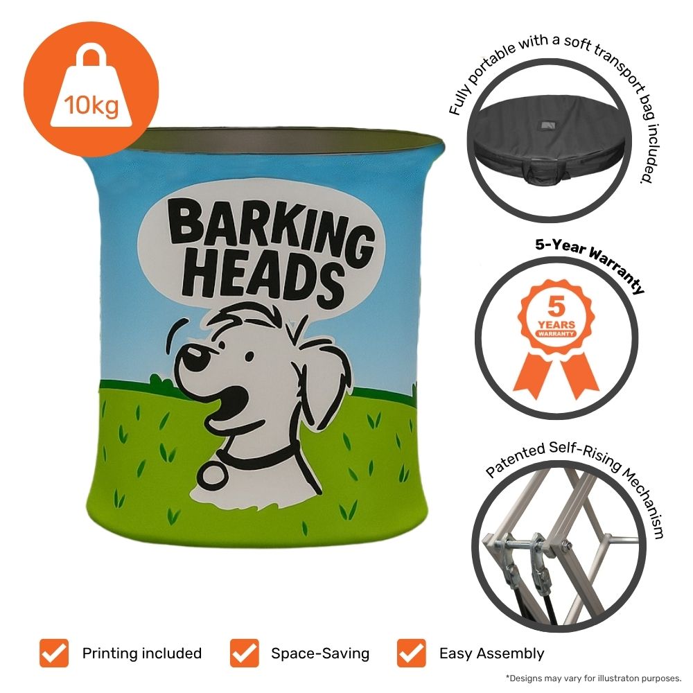 Barking Heads printed counter with specs infographic showing 10kg weight, portable transport bag, and self-rising frame.

