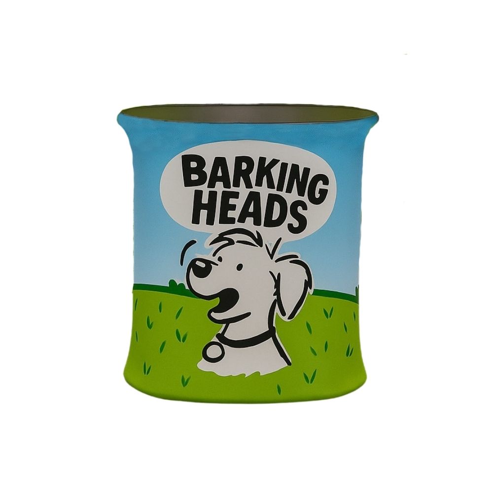 Front view of the Barking Heads promotional counter featuring a cartoon dog and green grass print on a blue backdrop.

