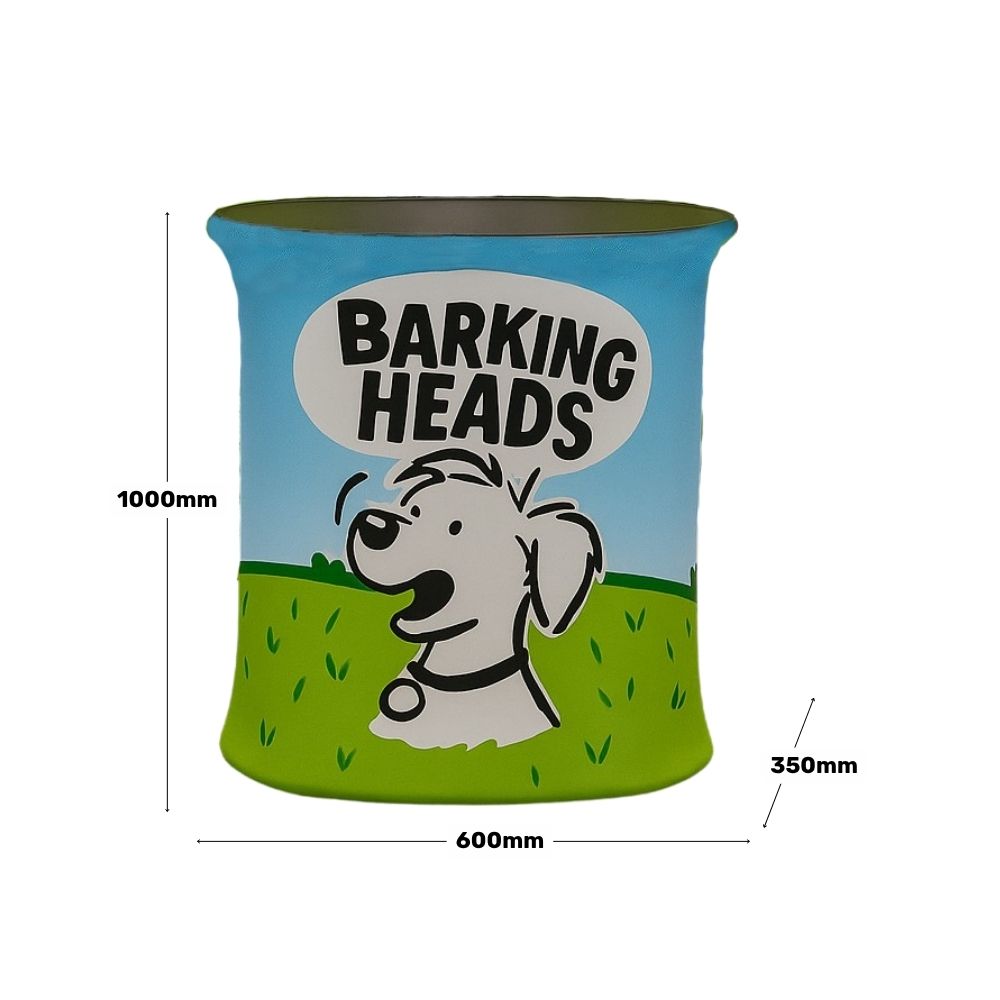 Barking Heads exhibition counter with dimensions marked: 1000mm height, 600mm width, 350mm depth.

