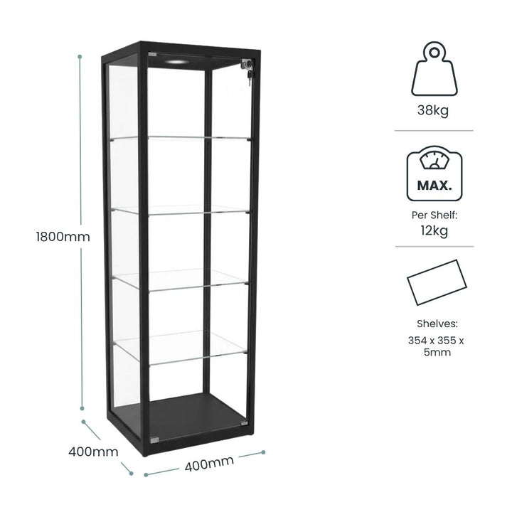 Dimension diagram for the 400mm black glass display cabinet: 1800mm tall, 400mm square footprint, 38kg unit weight, 12kg per shelf and shelves 354 x 355 x 5mm.
