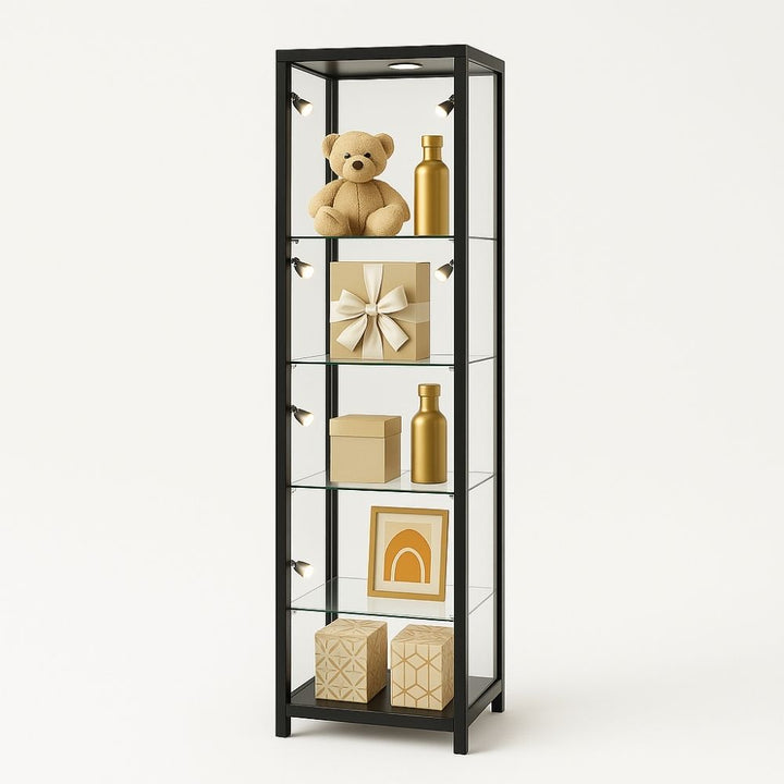 Black 400mm glass display cabinet with four LED-lit shelves, displaying gift boxes and decorative items in a boutique or gifting retail setting.
