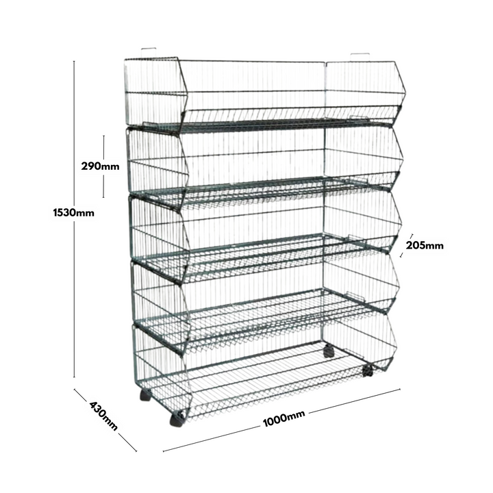 Versatile 5-tier black steel storage baskets with a collapsible frame, rust-resistant coating, and removable castors, measuring 1000mm wide by 1530mm high.