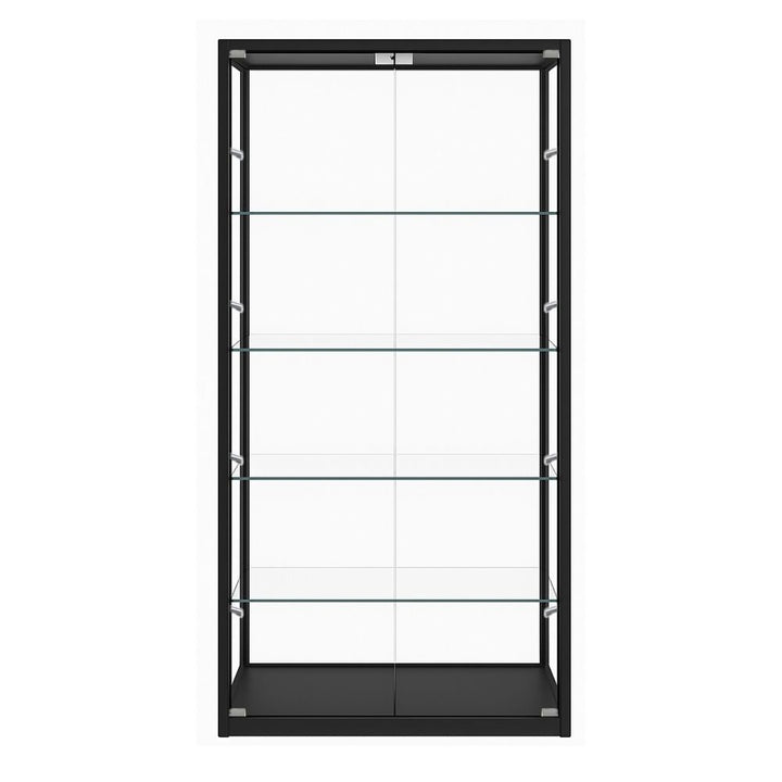 Front-view cut-out of a black 800mm glass display cabinet with double hinged doors, five glass shelves on rod track and LED lighting at the top interior.
