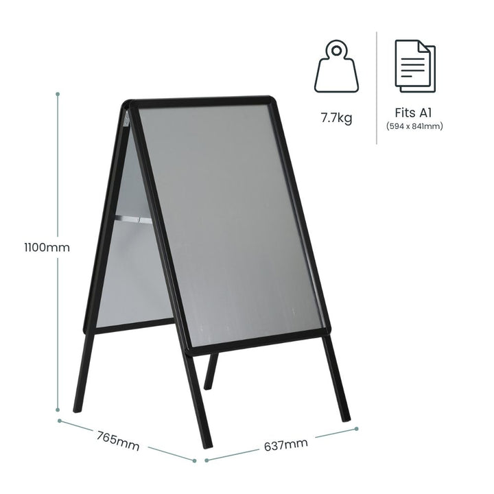 Dimension diagram for a black A1 A-board pavement sign: 1100mm high, 765mm leg spread, 637mm frame depth, 7.7kg, fits A1 at 594 x 841mm.
