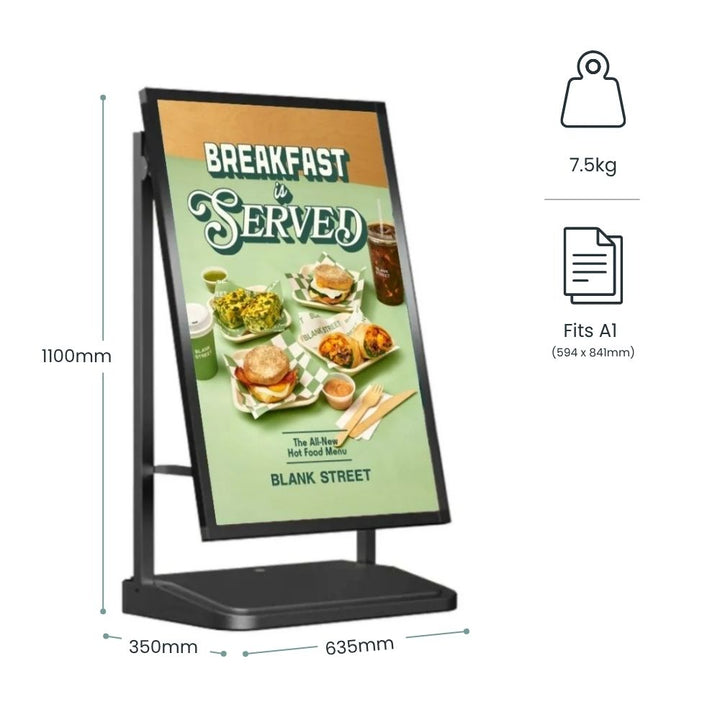 Black A1 angled poster display stand, 1100mm height with wide base, suitable for retail promotions and indoor signage.