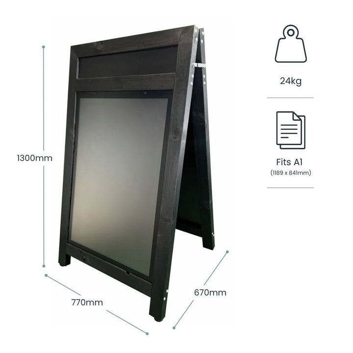 black-wooden-a1-a-board-pavement-sign-display-showing-1300mm-height-770mm-width-670mm-depth-and-24kg-weight-with-poster-frame-for-outdoor-use