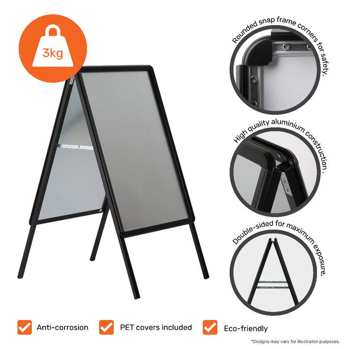 Feature panel: rounded snap-frame corners for safety, aluminium construction, double-sided display, anti-corrosion, PET covers, eco-friendly, 5.09kg.
