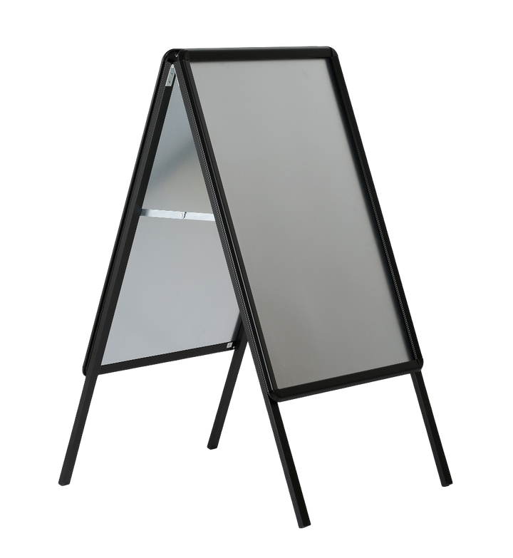 Angled cut-out of a black A2 double-sided A-board, two snap-frame panels visible, wide A-frame legs, anti-glare PVC covers, white background.
