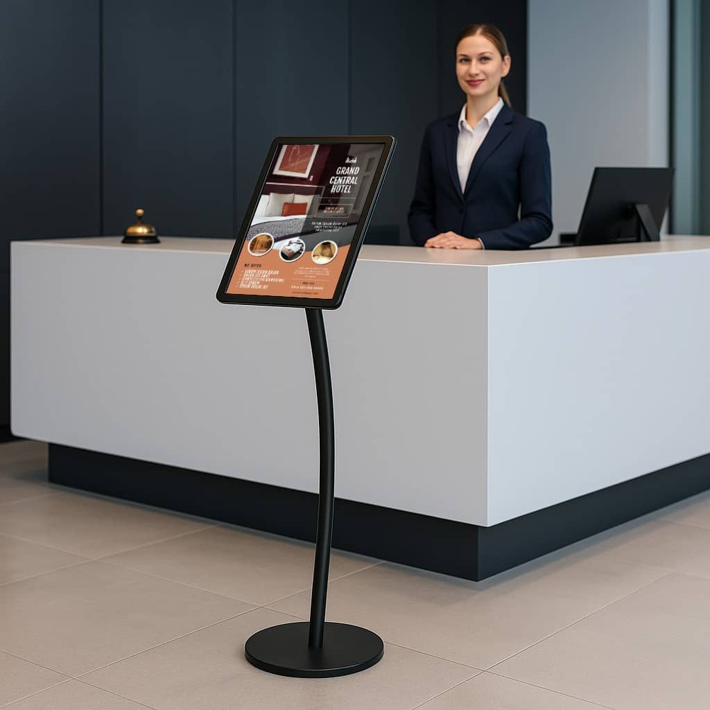 Black A3 floor-standing poster display stand with a curved aluminium stand, measuring 372mm wide by 1262mm high.