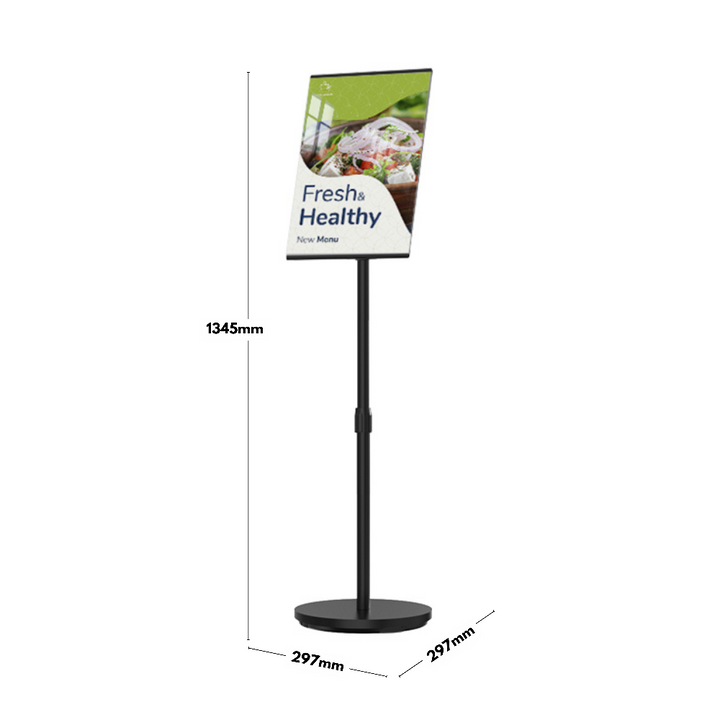 A3 freestanding black poster stand – height adjustable with telescopic pole for versatile indoor signage