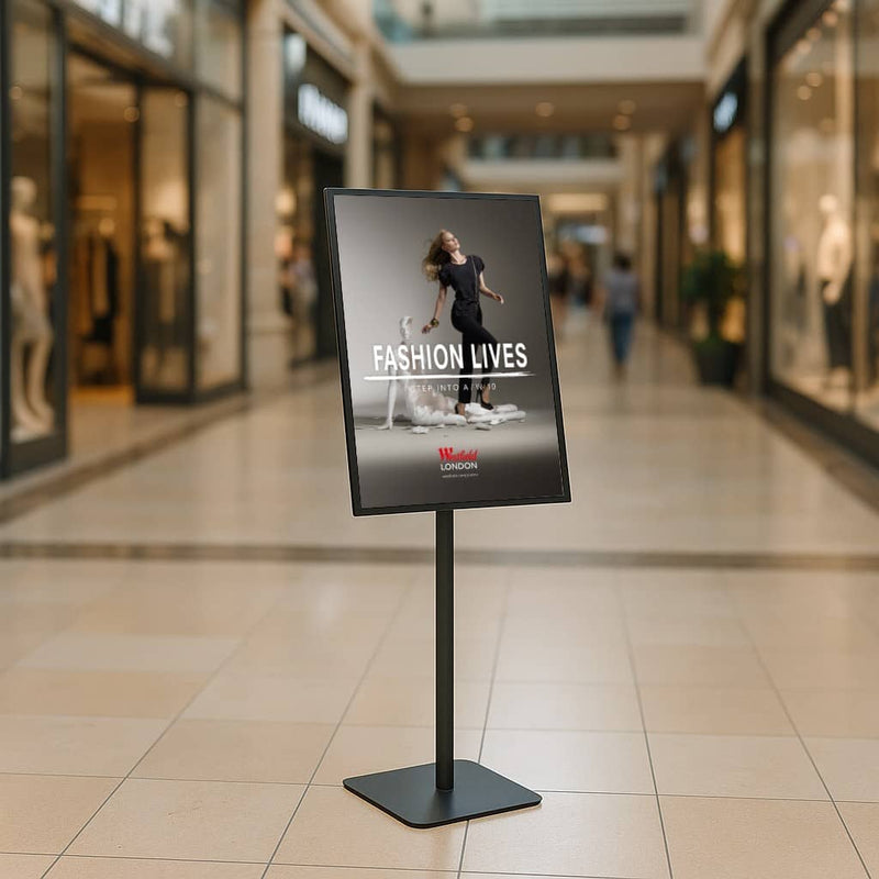 Black A3 sign display stand – freestanding adjustable poster holder for retail, hospitality or exhibitions