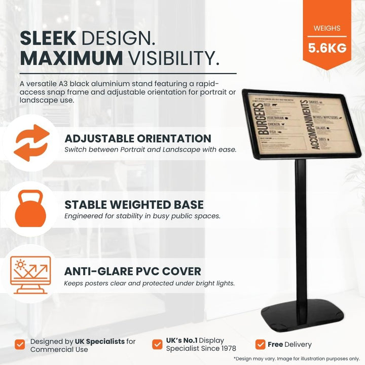 Feature panel for the A3 snap frame stand: portrait and landscape orientation, stable weighted base for busy public spaces and anti-glare PVC cover.
