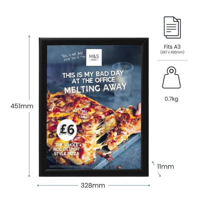 Black A3 snap frame poster frame, wall-mounted display measuring 328mm by 451mm, ideal for retail or promotional use.