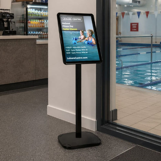 Black A3 Floor Standing Snap Frame Poster Display Stand 25mm Frame with Adjustable Orientation and Rounded Corners - 1075mm High x 326mm Wide