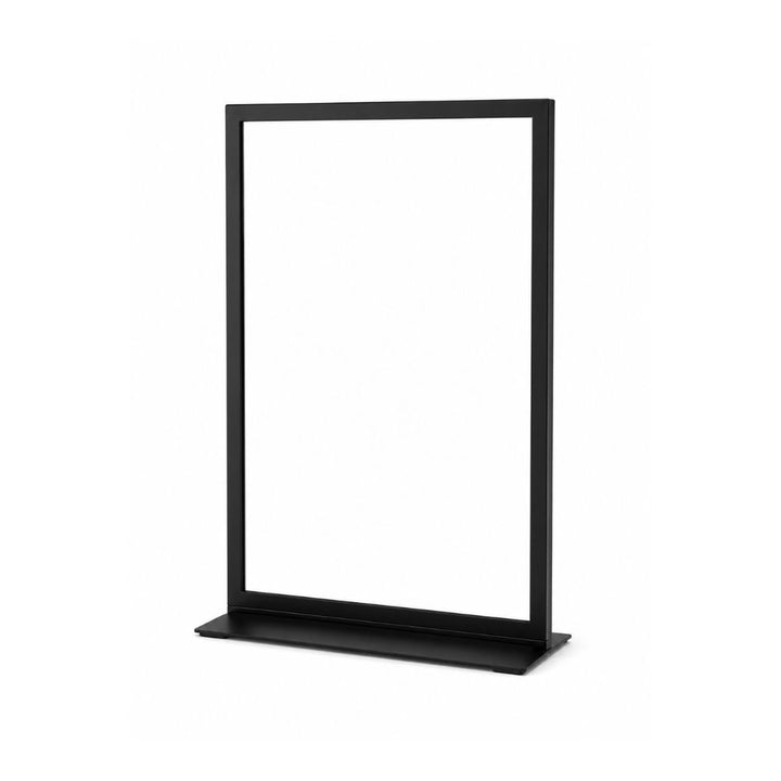 Minimal black A3 tabletop sign holder frame with sturdy base isolated on a white background.