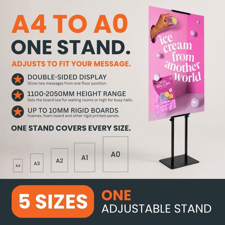 Black double-sided adjustable poster display stand compatible with A4 to A0 rigid boards, showing five supported board sizes.