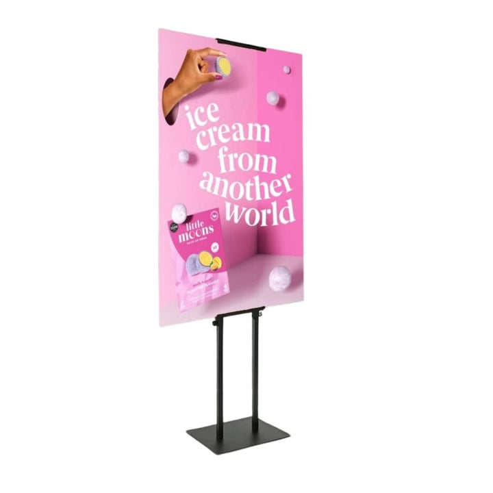Black double-sided adjustable board stand showing both faces, height adjustment collar and weighted base — takes rigid boards from A4 to A0 at 1100 to 2050mm.
