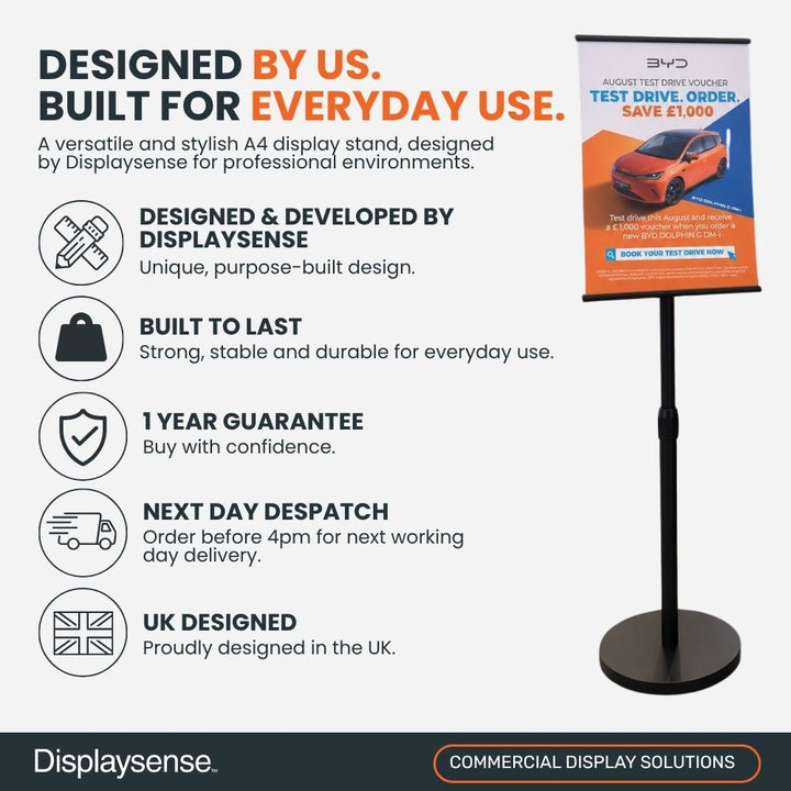 Black A4 display stand highlighting Displaysense design, durable construction, one-year guarantee, next-day despatch and UK design.