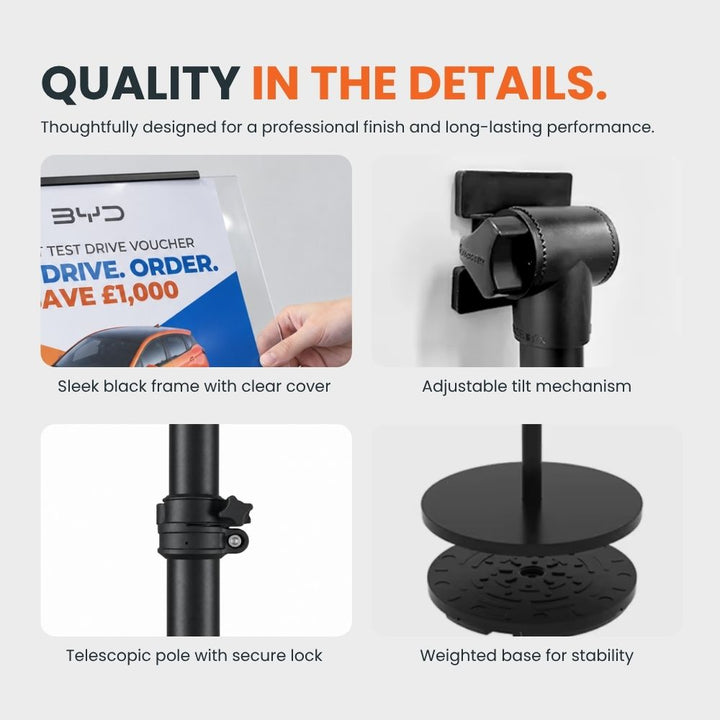 Close-up features of a black A4 display stand showing the clear-covered frame, adjustable tilt mechanism, telescopic locking pole and weighted base.